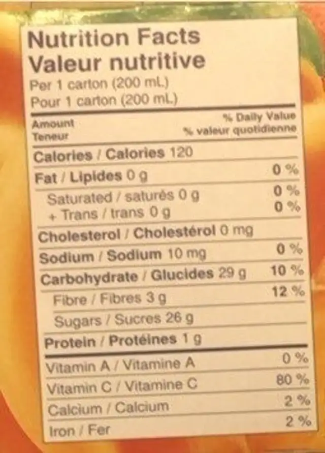 Apricot Nectar nutrition facts table