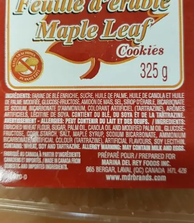 Feuille d'érable Mamie Leaf ingredients label