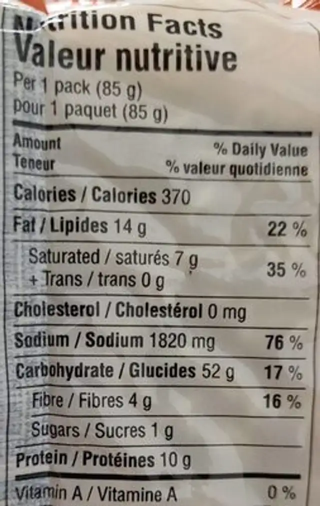 Chicken Flavor instant noodles nutrition facts table