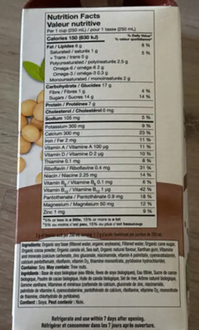 Boisson de soya enrichie biologique - Chocolat ingredients label