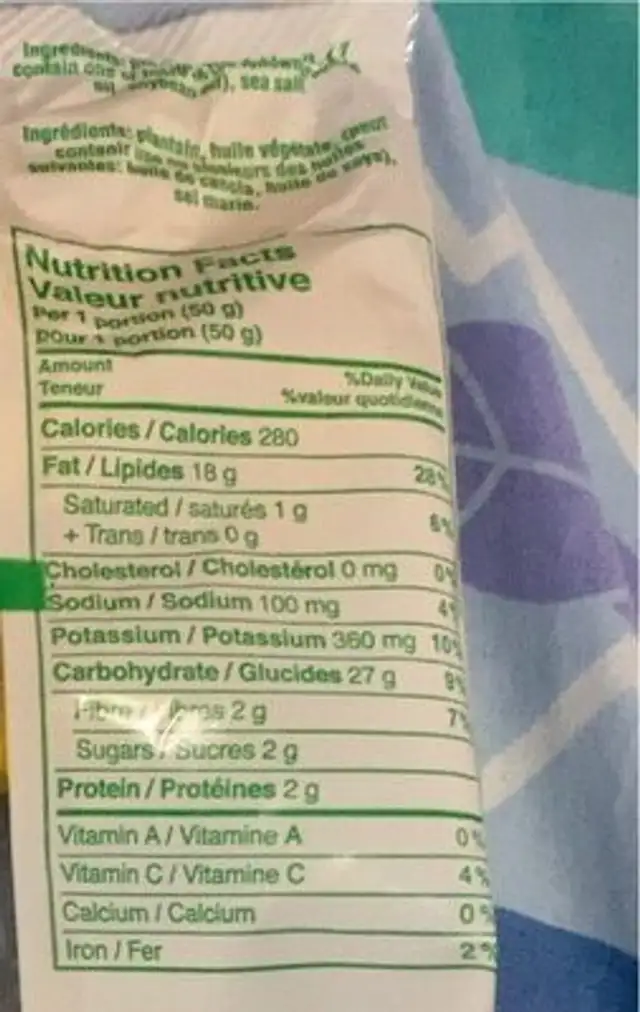 Chips de plaintain nutrition facts table