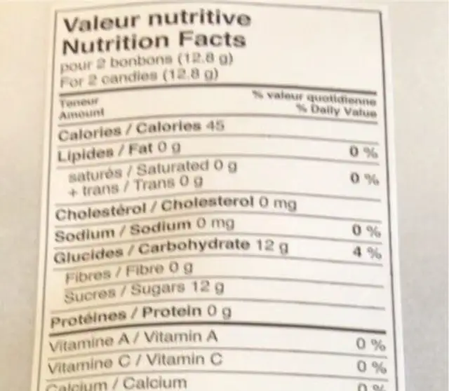 Bonbons melanges nutrition facts table