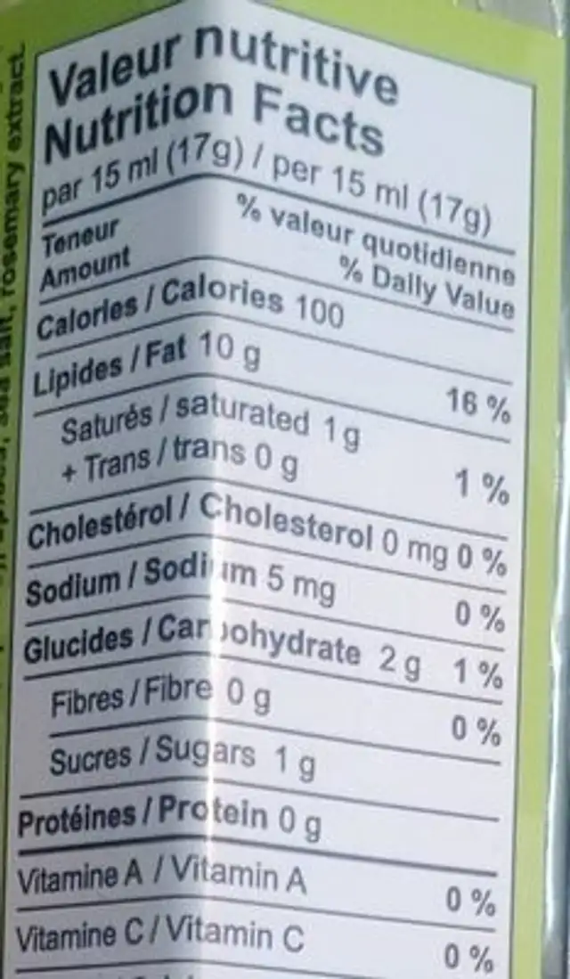 Vinaigrette au miel nutrition facts table