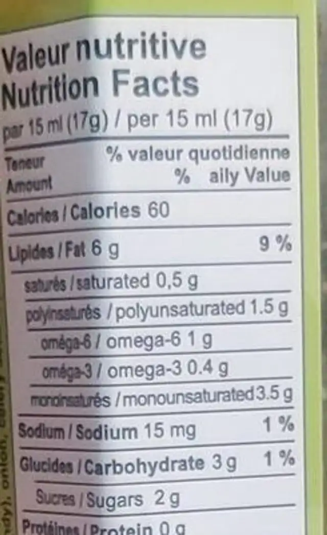 Vinaigrette à l'érable nutrition facts table