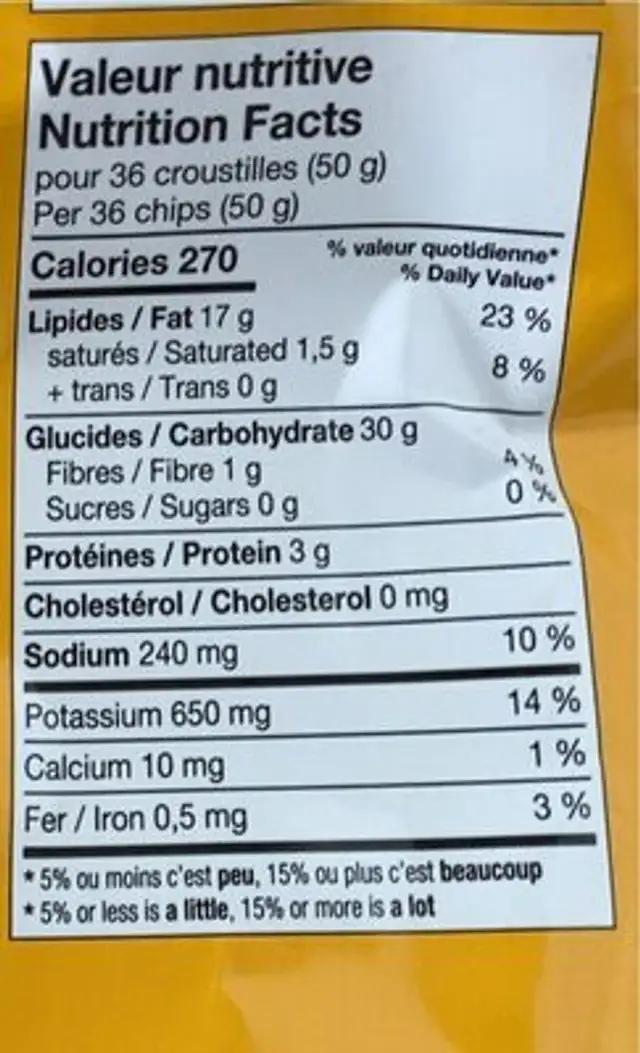 Croustilles nature nutrition facts table