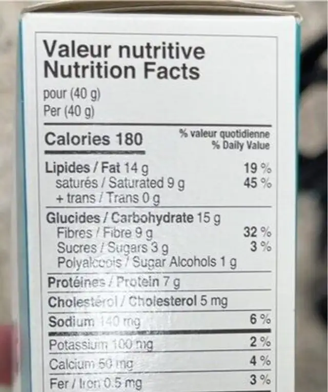 Nutriforme nutrition facts table