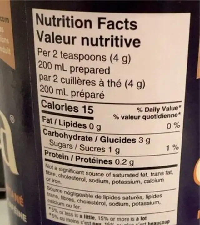 Instant coffee alternative nutrition facts table