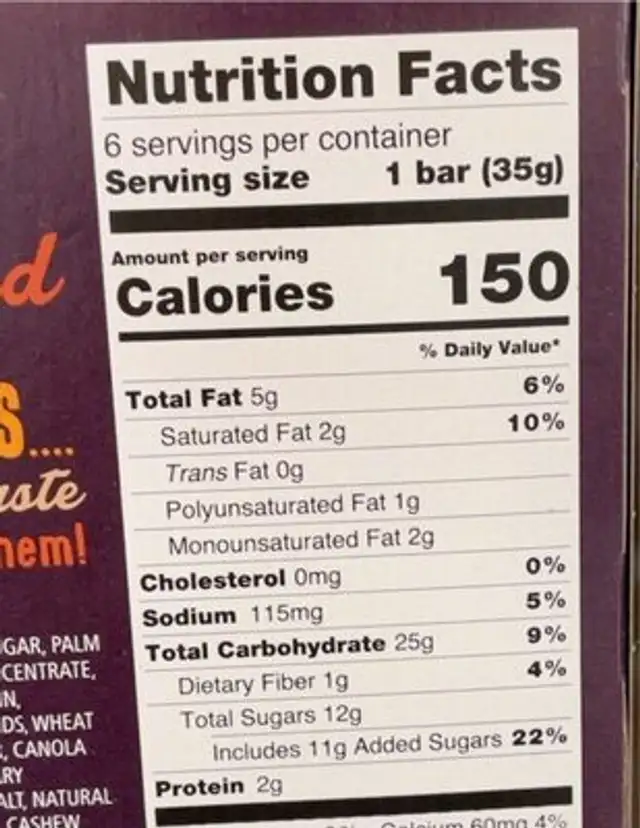 Sweet & salty almond bars nutrition facts table