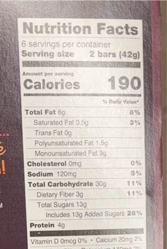 Crunchy bars oats & honey nutrition facts table
