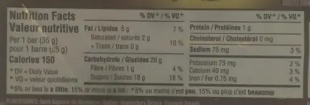 Nanaimo Flavour Nügabar nutrition facts table