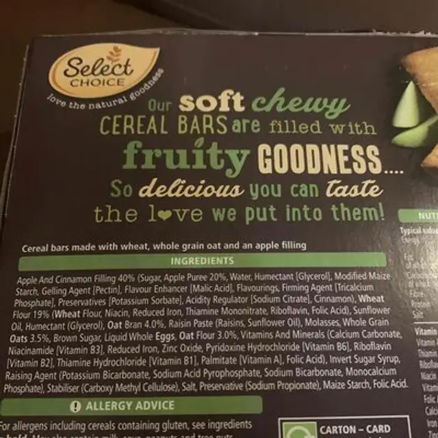 Apple fruit and grain bar ingredients label