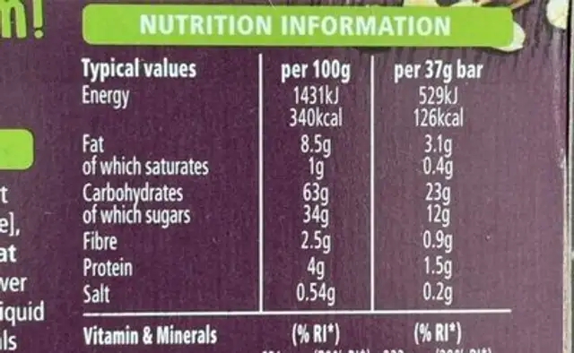 Apple fruit and grain bar nutrition facts table