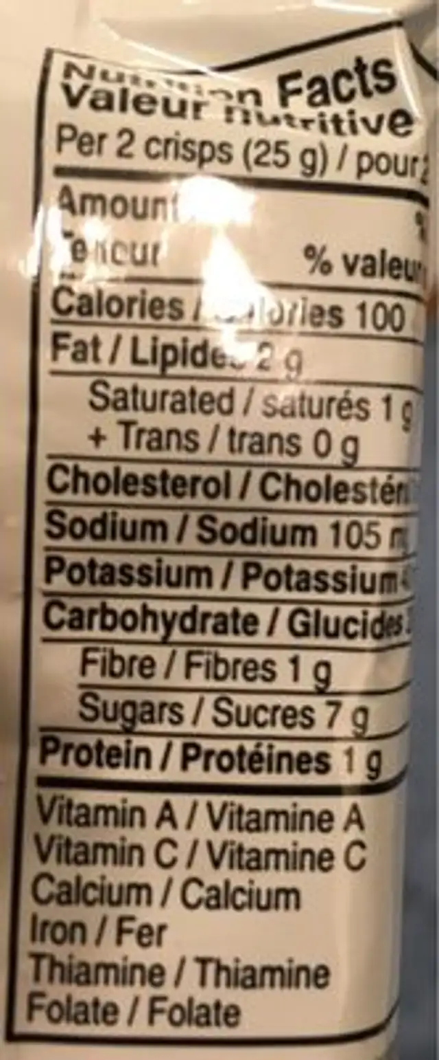 Barres crocantes saveur de biscuits et crème nutrition facts table