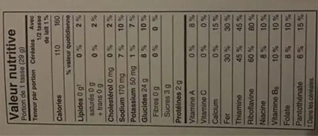 Corn flakes nutrition facts table
