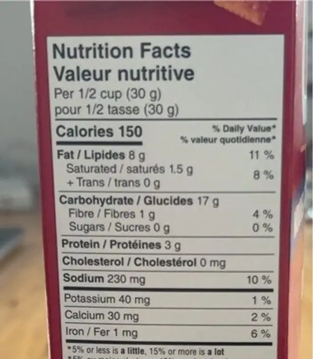 Cheez It nutrition facts table