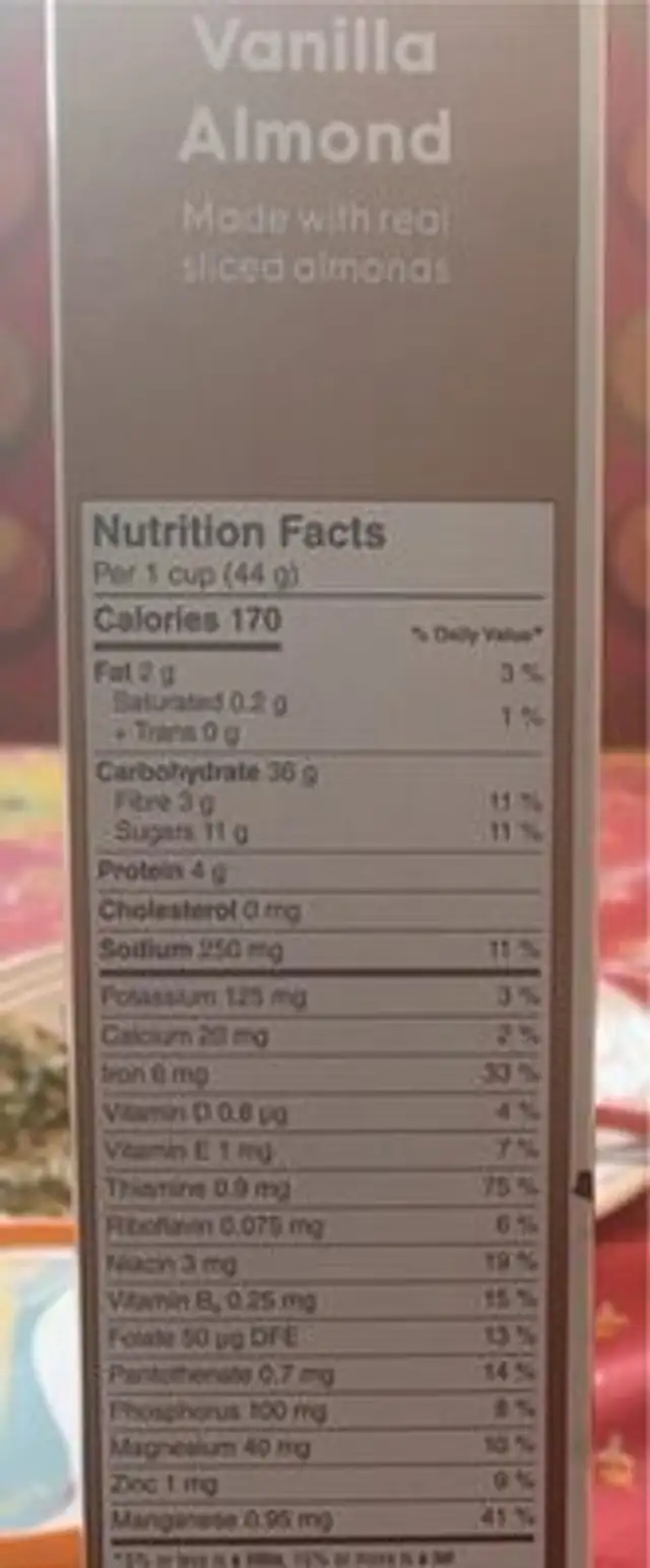Céréales vanille et amandes nutrition facts table