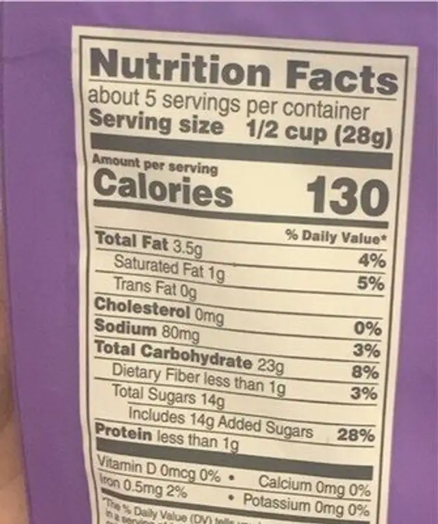 Brownie brittle crunch popcorn clusters with nutrition facts table