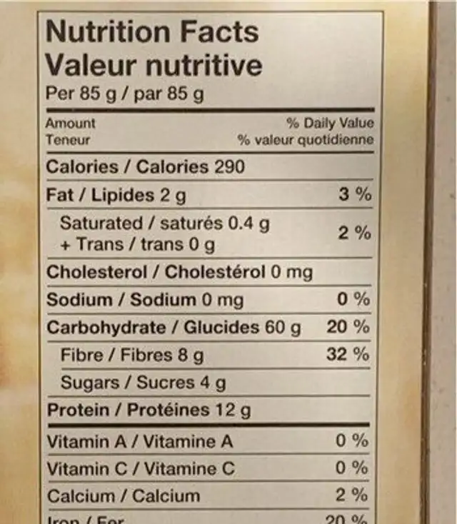 Whole Wheat Spaghetti nutrition facts table