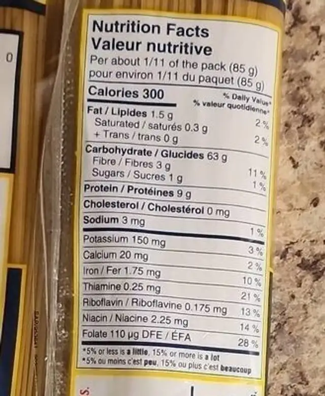 Vermicelli nutrition facts table
