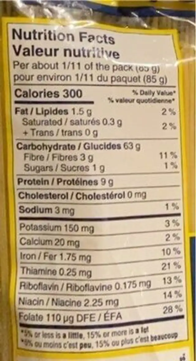 Capelli d’Angelo nutrition facts table