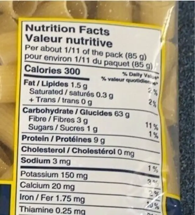 Rigatoni nutrition facts table