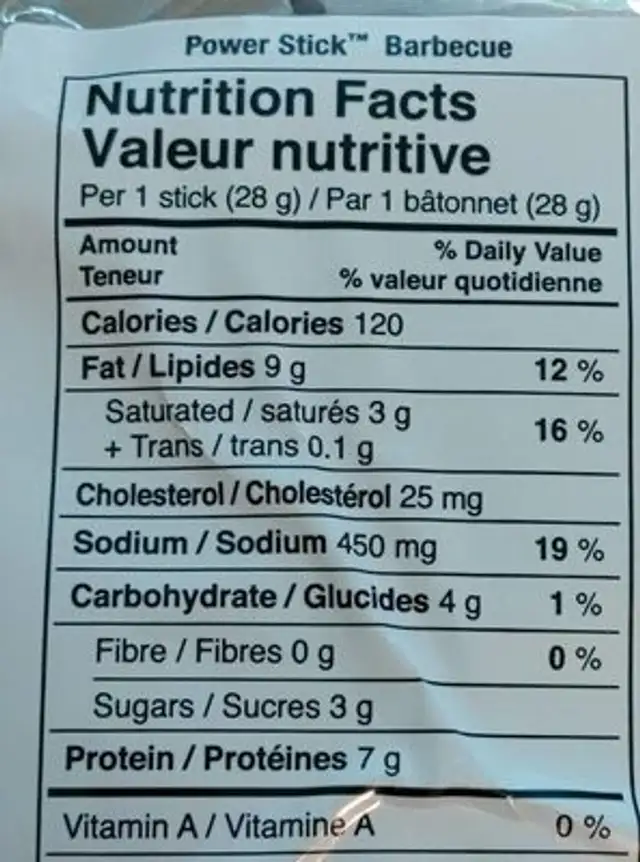 Power stick barbecue nutrition facts table