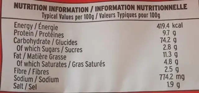 Sodabix nutrition facts table