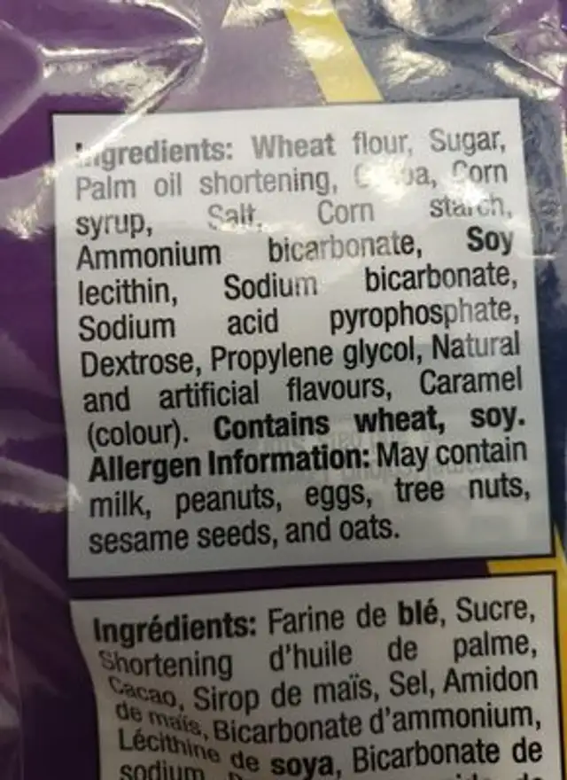 Shirley Chocolate Biscuit ingredients label