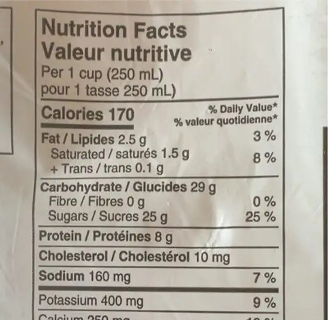 1% M.F. Chocolate Partly Skimmed Milk nutrition facts table