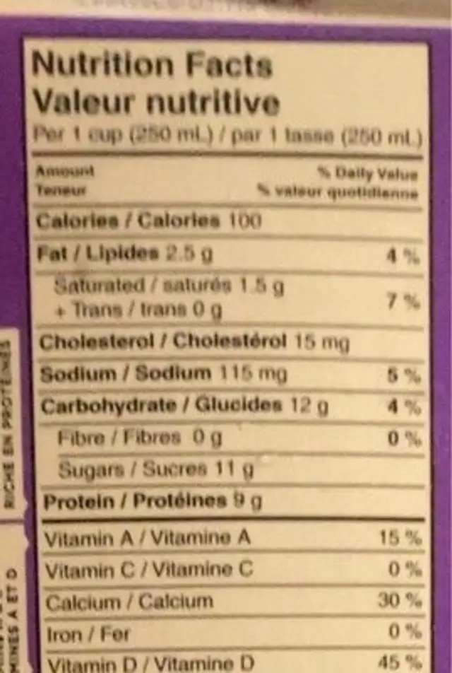 Sealtest 1% milk nutrition facts table