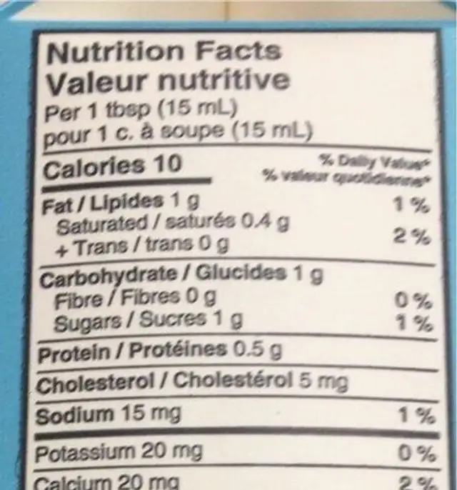 5% light cream nutrition facts table