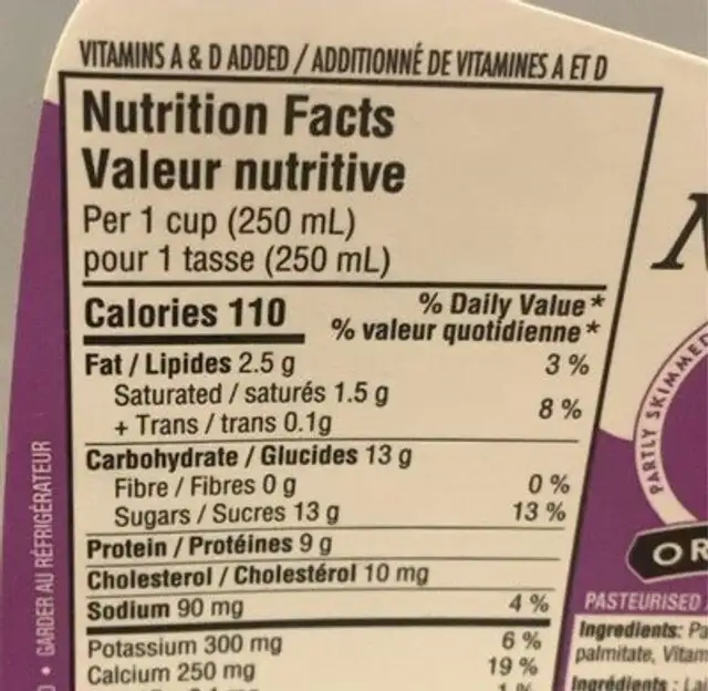 Natrel 1% milk nutrition facts table