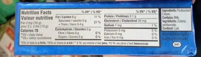 Beurre nutrition facts table