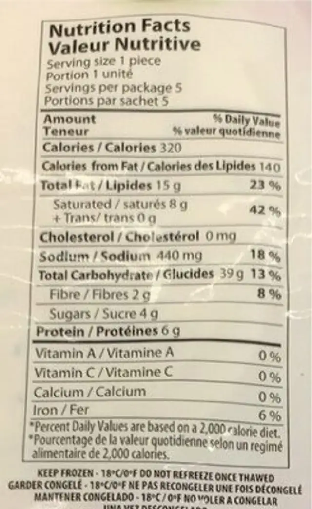 Paratha à l’oignon nutrition facts table