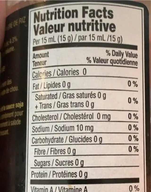 Vinaigre de riz nutrition facts table