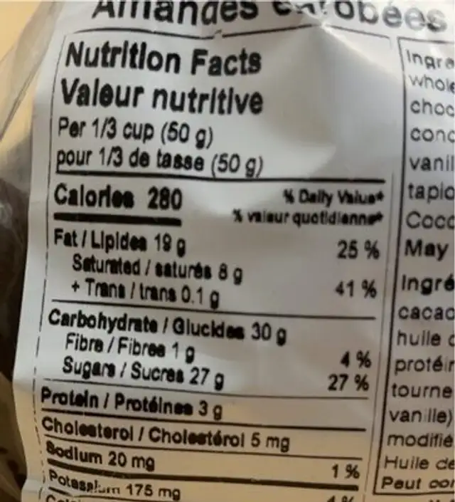 Milk chocolate covered almonds nutrition facts table