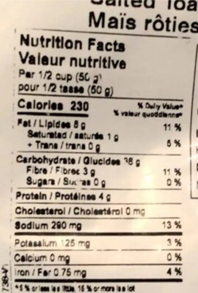 Salted Toasted Corn nutrition facts table