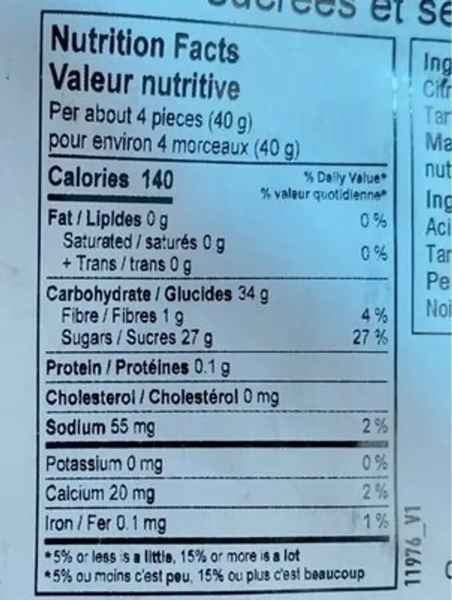 sweetened dried mango slices nutrition facts table