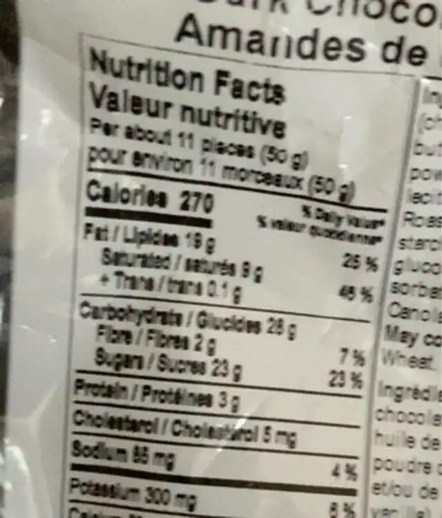 Dark Chocolate Almonds nutrition facts table