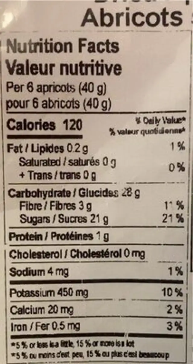 Dried Apricots nutrition facts table