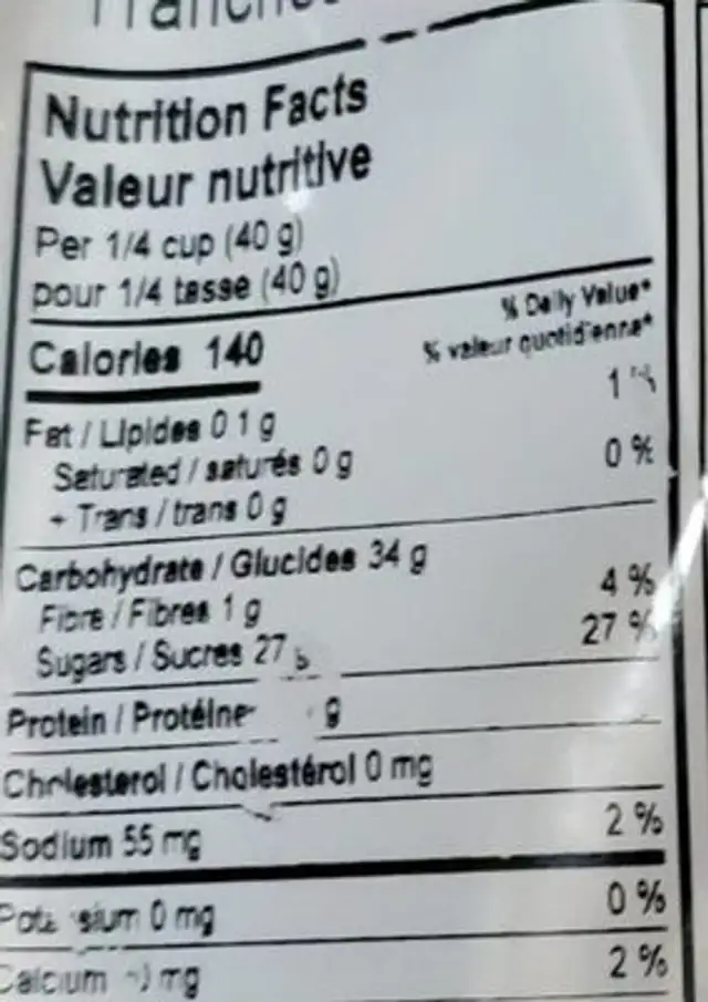 Sweetened Dried Mango Slices nutrition facts table