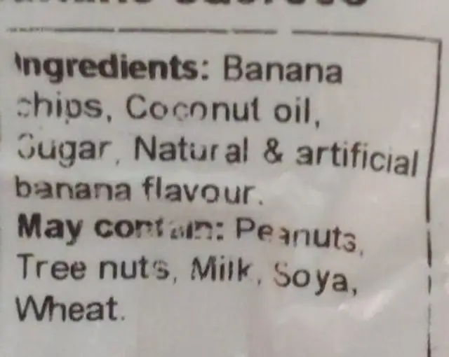 Sweetened banana chips ingredients label