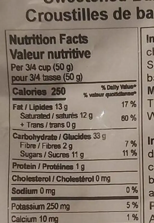 Sweetened banana chips nutrition facts table