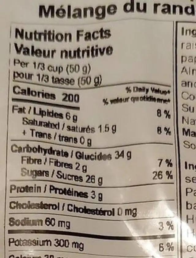 Mélange du randonneur récolte nutrition facts table