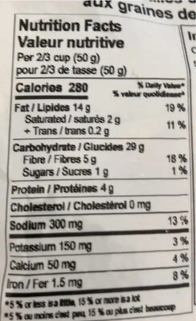 Croustilles de maïs aux graines de lin salées nutrition facts table