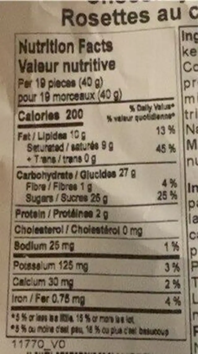 Chocolaty Buds nutrition facts table