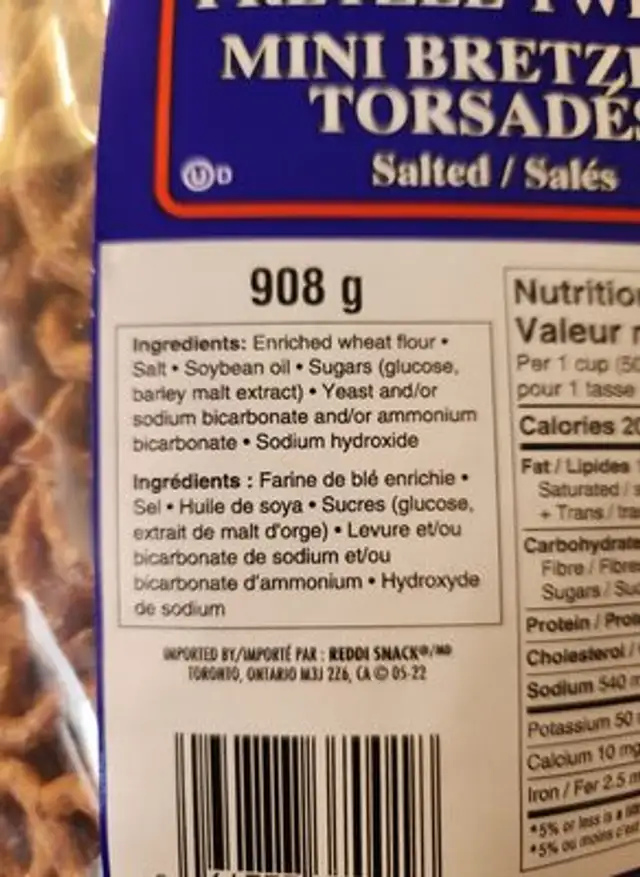 Mini pretzels ingredients label