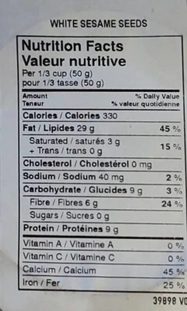 Graines de sésame blancs nutrition facts table