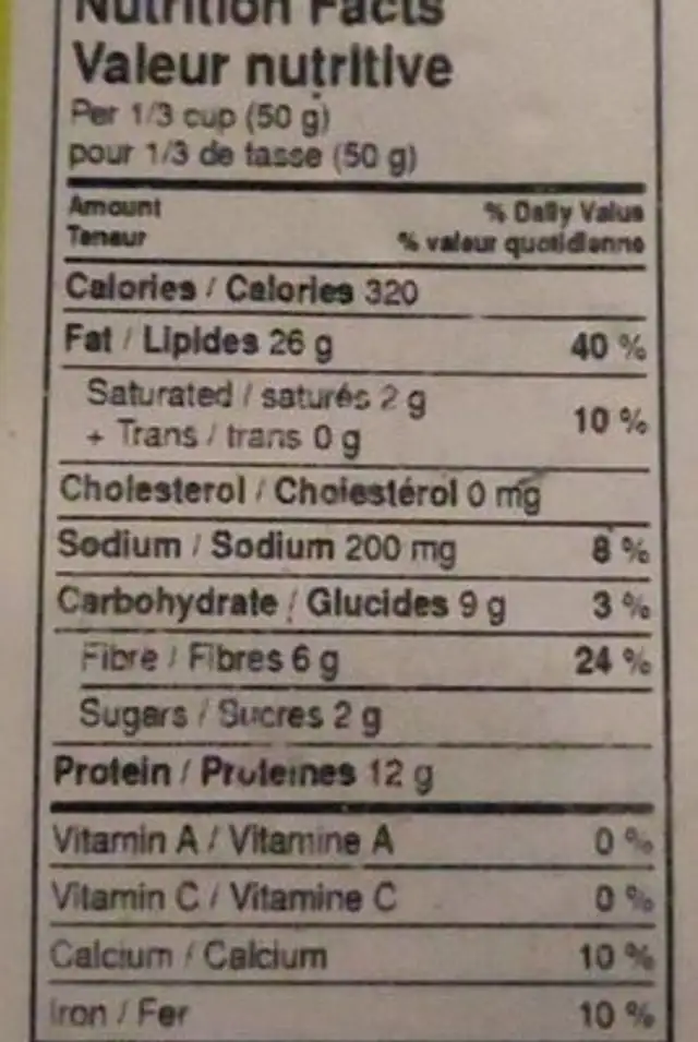 Amandes style Tamari nutrition facts table