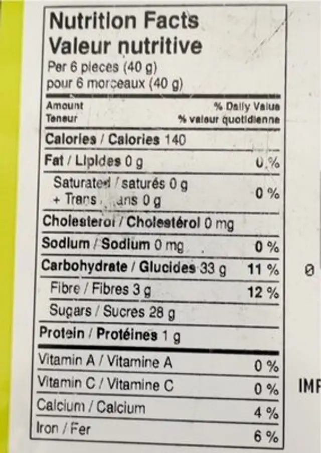 Dattes dénoyautées nutrition facts table